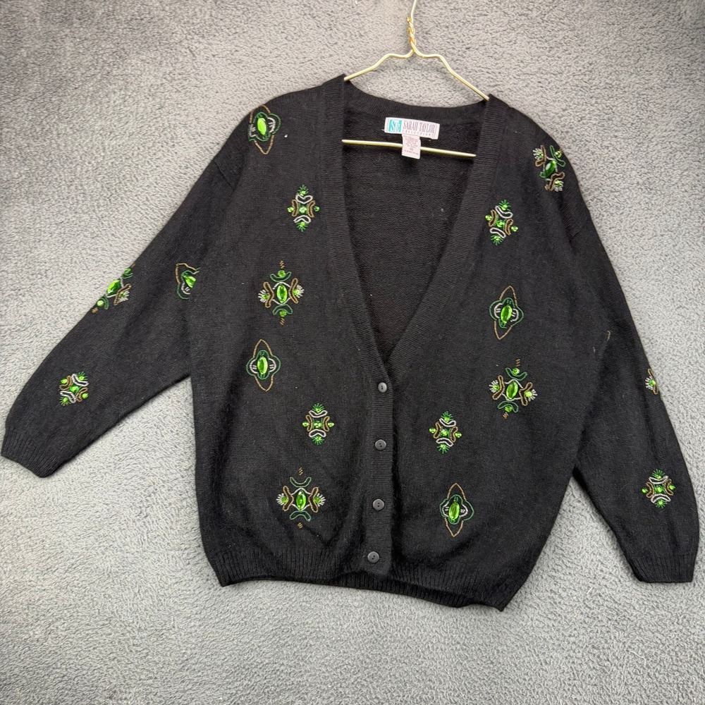 Sarah Taylor Collections Black Silk Angora Beaded Cardigan Sweater Womens Medium